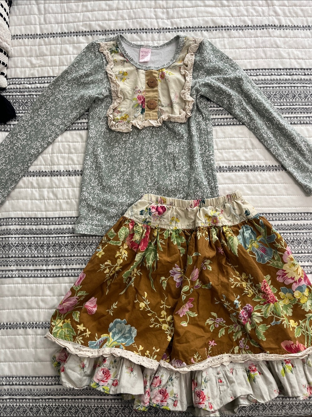 Giggle Moon Sage Green Top & Mustard Floral Skirt Matching Set